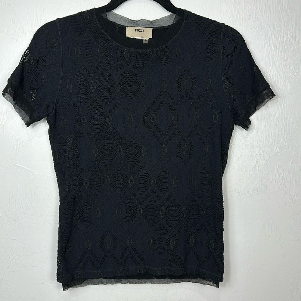 Fuzzi Black Lace Upper Mesh Lining Short Sleeve Crew Neck Top Size L